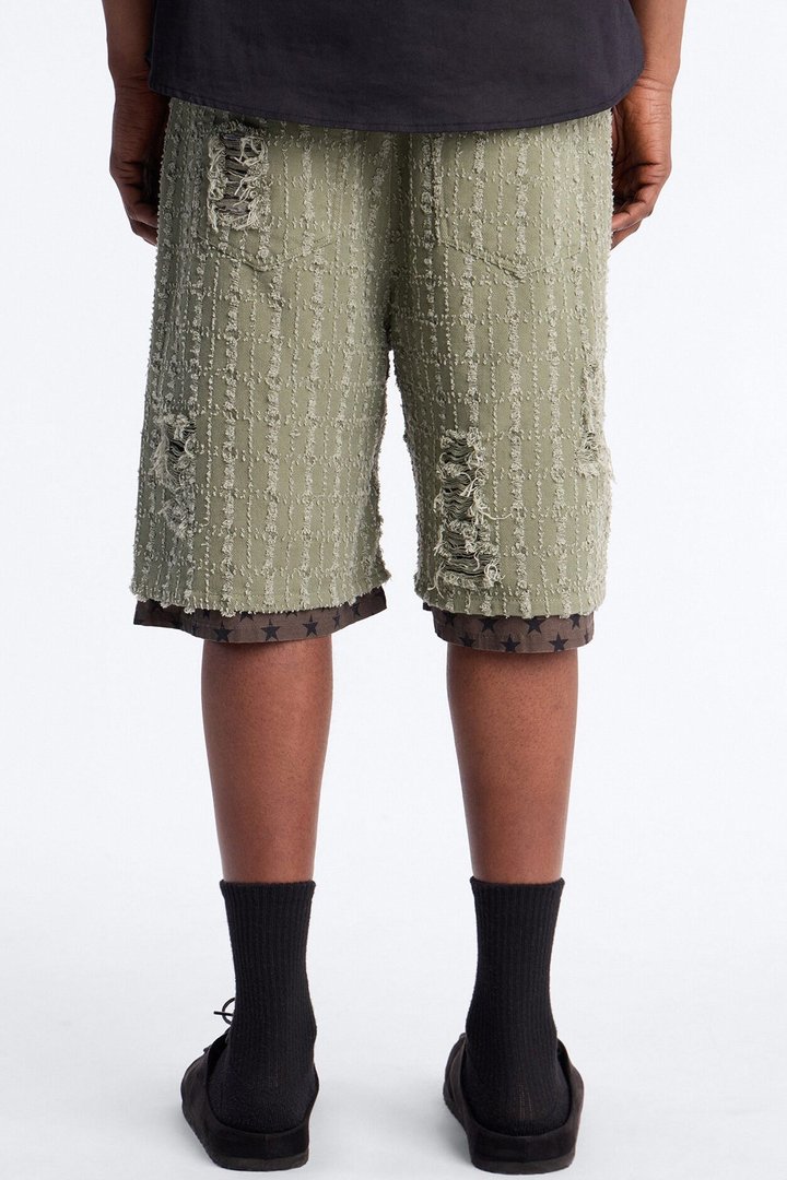 Baggy Double Waisted Stars And Distressed Short - Olive