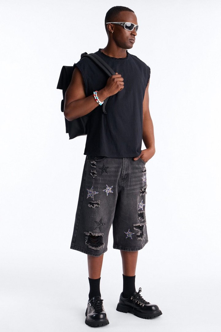 Cosmic Jeweled Baggy Denim Short - Black Wash