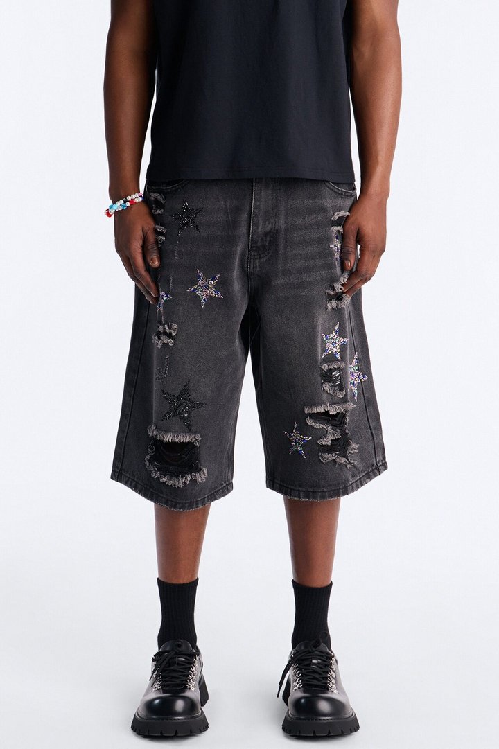 Cosmic Jeweled Baggy Denim Short - Black Wash