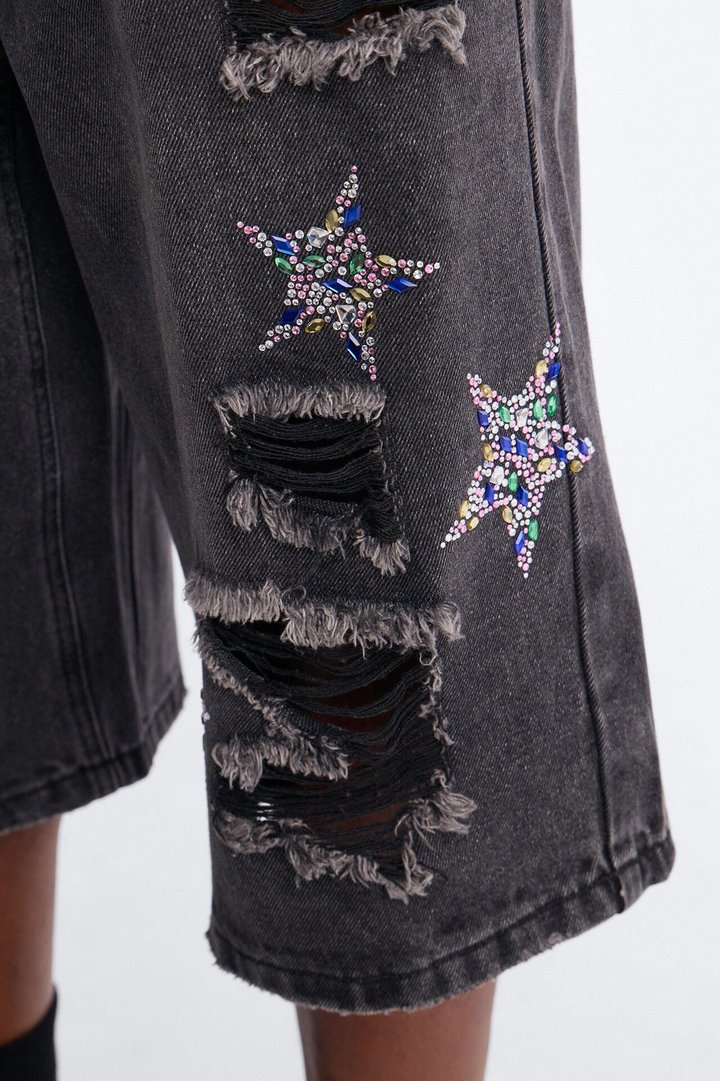 Cosmic Jeweled Baggy Denim Short - Black Wash