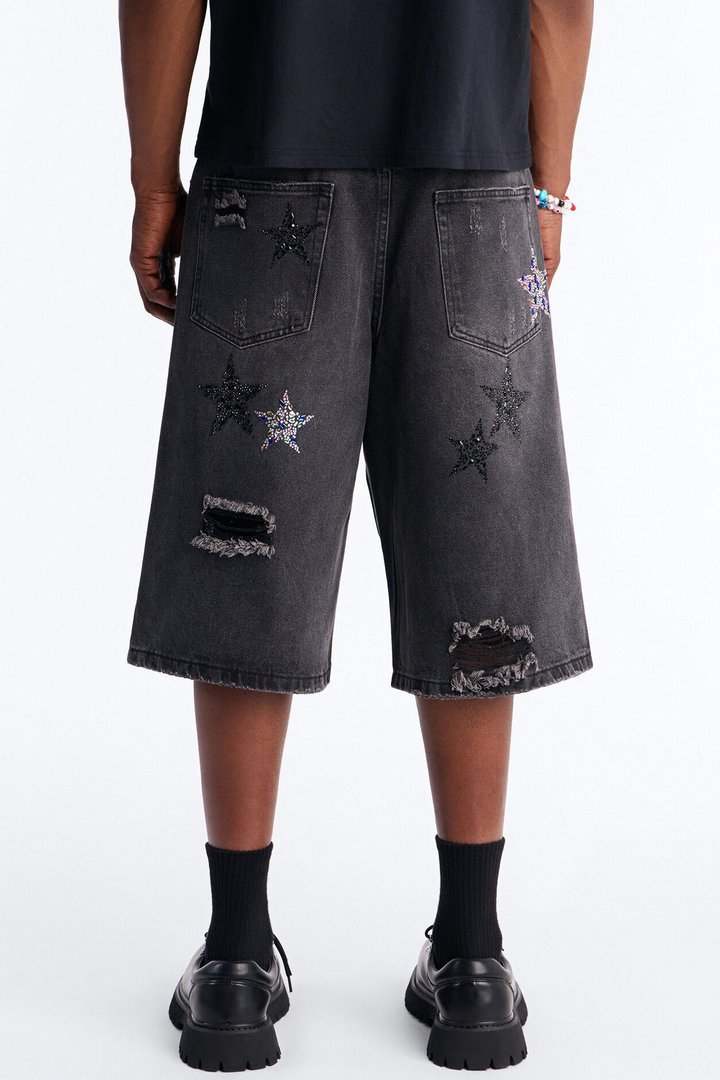 Cosmic Jeweled Baggy Denim Short - Black Wash
