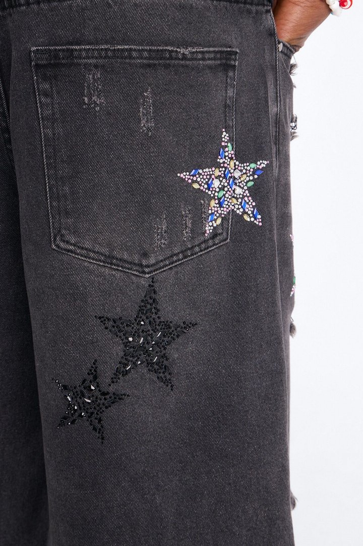 Cosmic Jeweled Baggy Denim Short - Black Wash