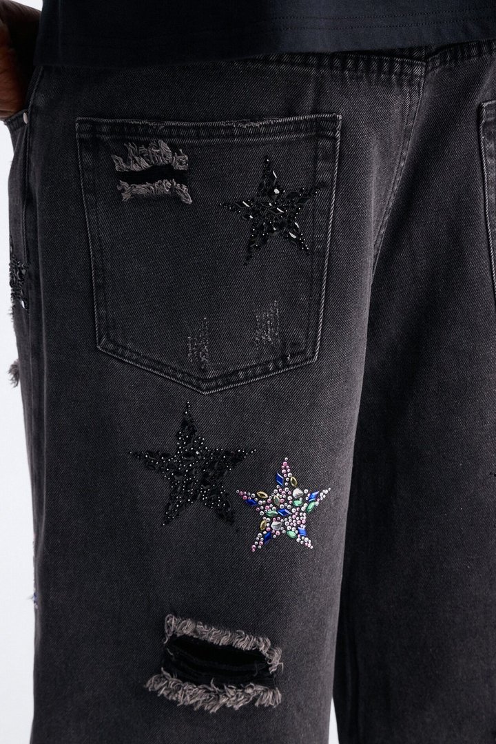 Cosmic Jeweled Baggy Denim Short - Black Wash