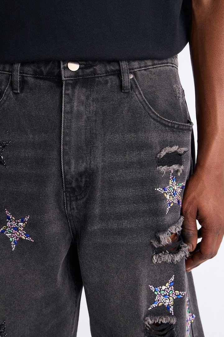 Cosmic Jeweled Baggy Denim Short - Black Wash