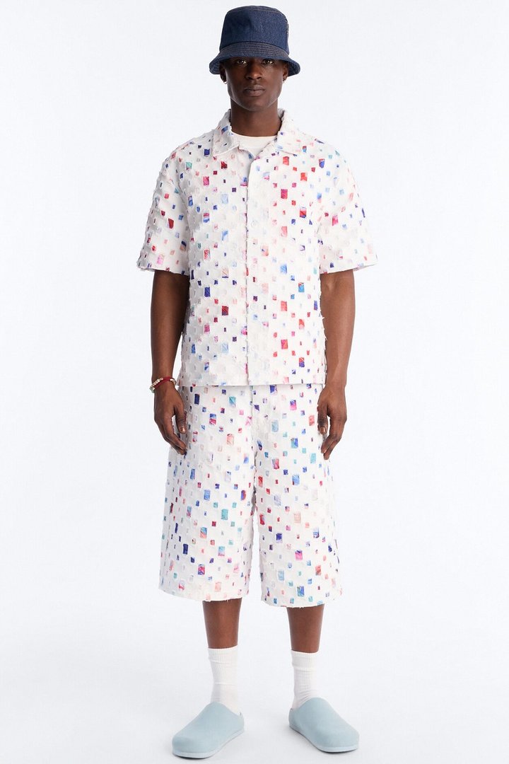 Cropped Watercolor Window Button Up Shirt - White