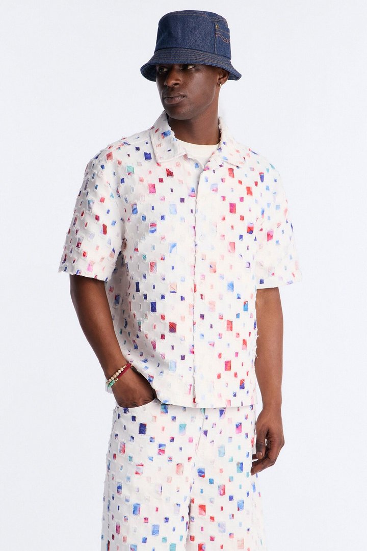 Cropped Watercolor Window Button Up Shirt - White