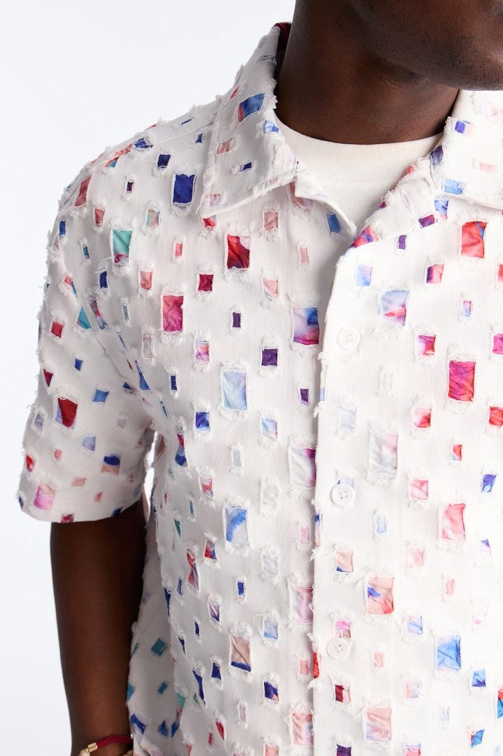Cropped Watercolor Window Button Up Shirt - White