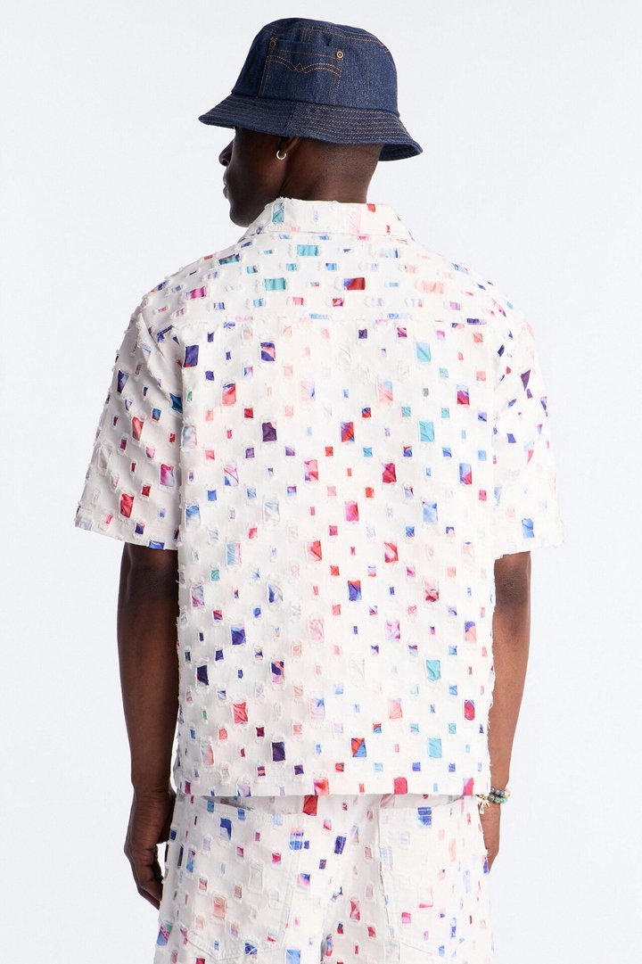 Cropped Watercolor Window Button Up Shirt - White