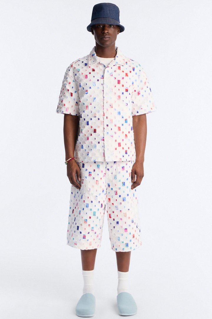 Baggy Watercolor Window Denim Short - White