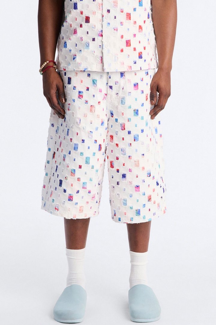 Baggy Watercolor Window Denim Short - White