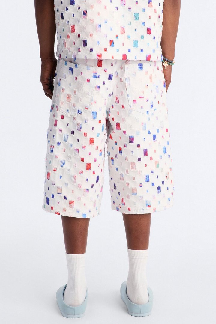 Baggy Watercolor Window Denim Short - White