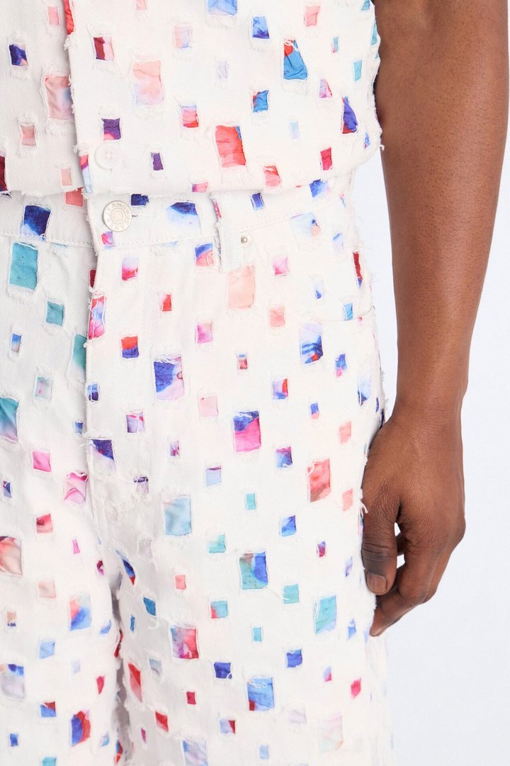 Baggy Watercolor Window Denim Short - White