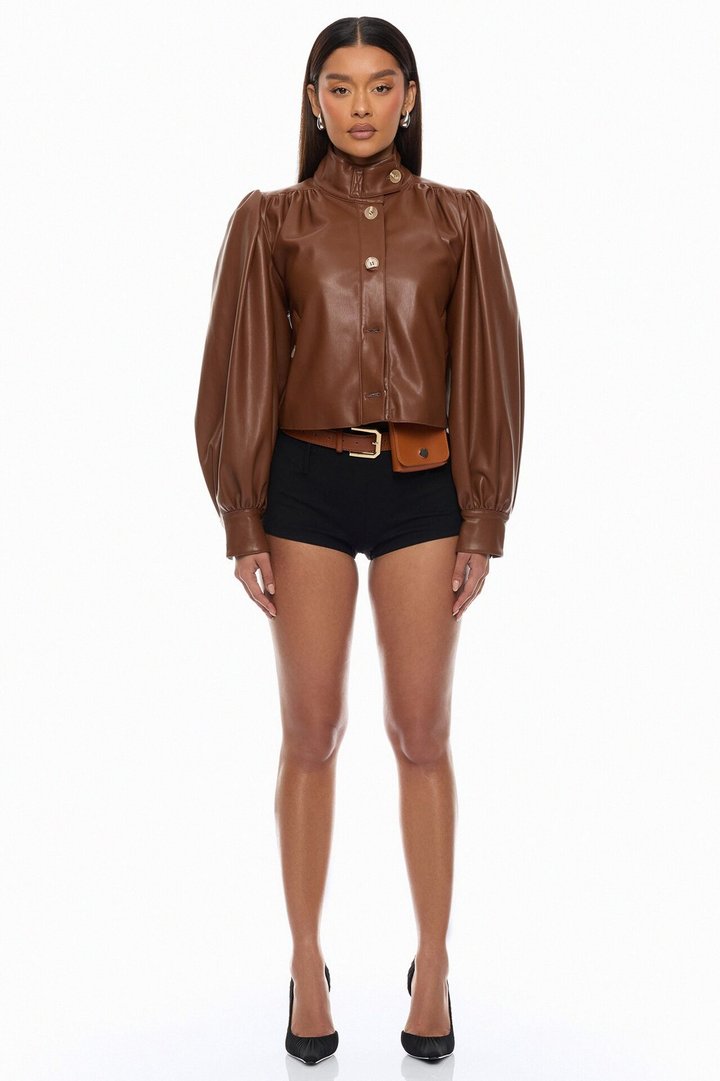 Marnie Balloon Sleeve Faux Leather Jacket - Brown
