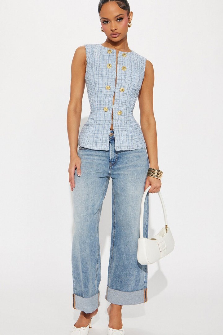 Elegant Love Tweed Vest Top - Blue