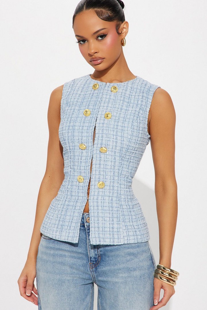Elegant Love Tweed Vest Top - Blue