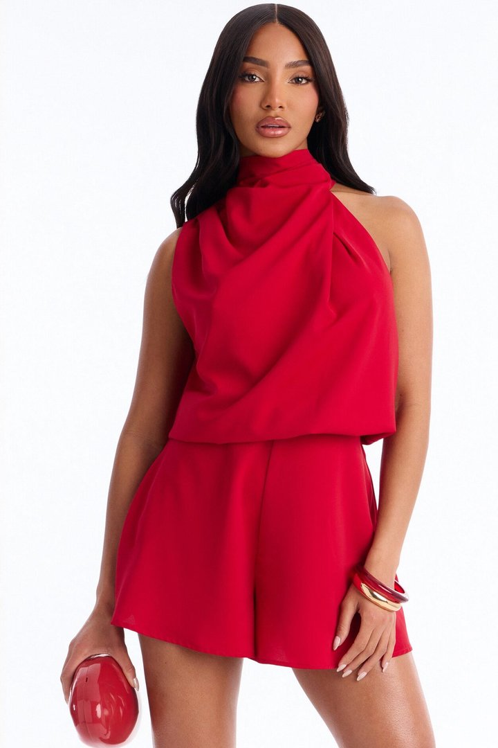 Rina Draped High Neck Romper - Red