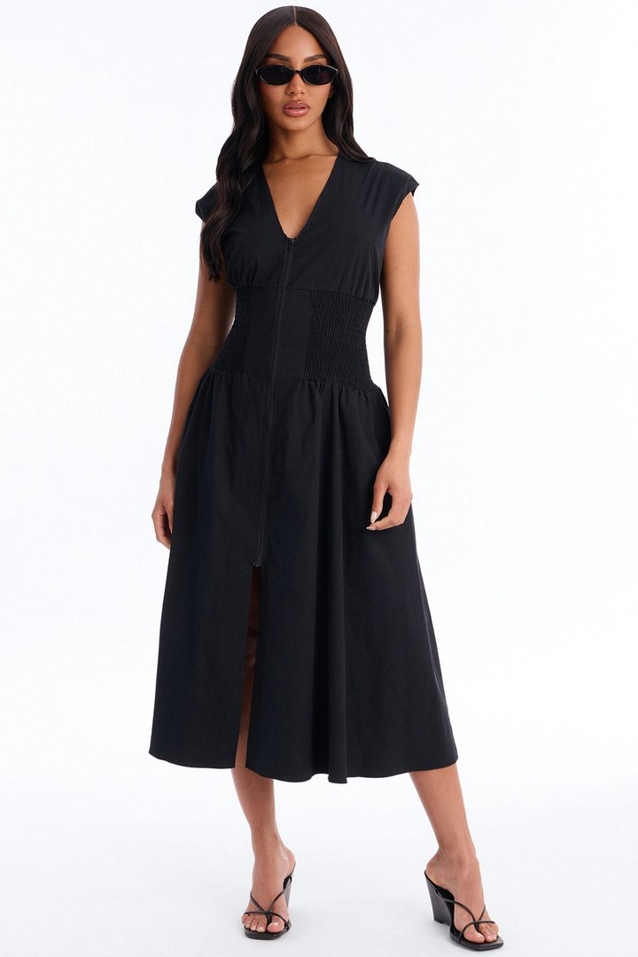 Too Busy Cinched Waist Midi Dress - Black