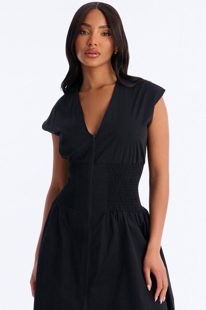 Too Busy Cinched Waist Midi Dress - Black