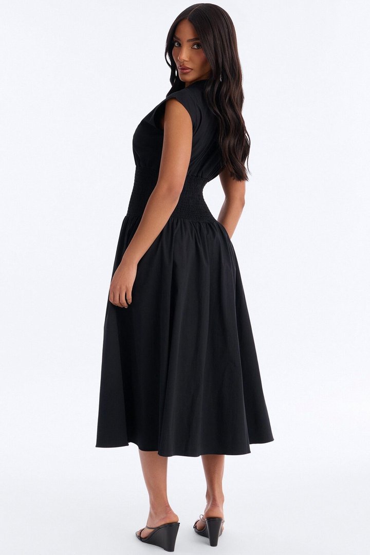 Too Busy Cinched Waist Midi Dress - Black