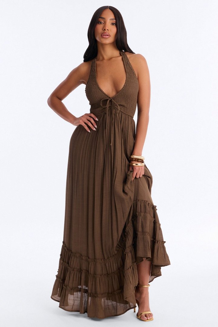 Freya Smocked Linen Maxi Dress - Chocolate