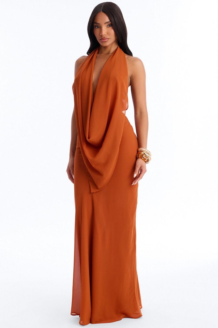 Indyah Draped Chiffon Maxi Dress - Cognac