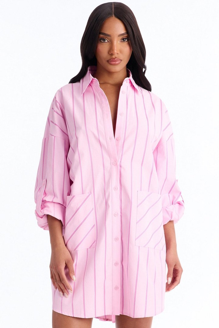 Izzy Pinstripe Shirt Micro Mini Dress - Pink