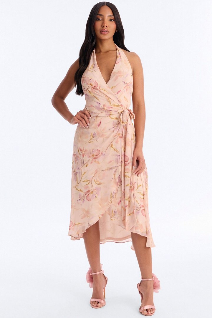 Zoey Floral Chiffon Wrap Midi Dress - Blush