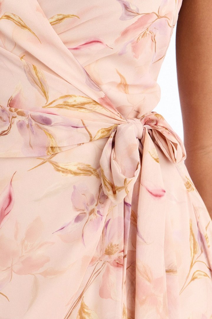Zoey Floral Chiffon Wrap Midi Dress - Blush