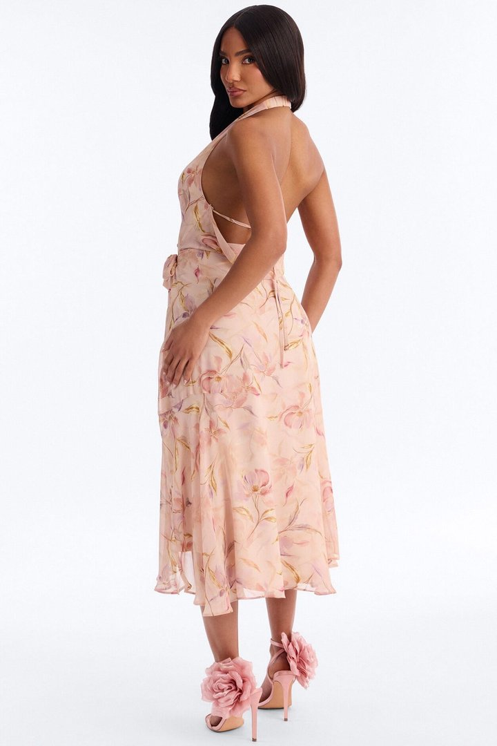 Zoey Floral Chiffon Wrap Midi Dress - Blush