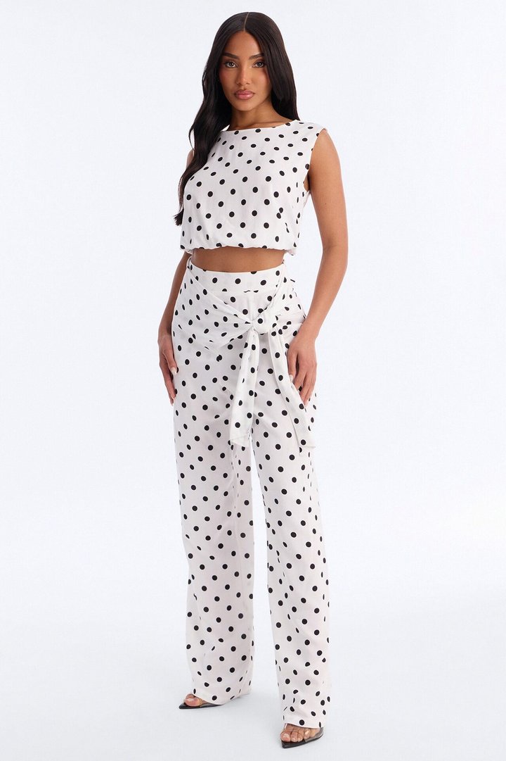 Gemma Polka Dot Wide Leg Pant Set - White/Black