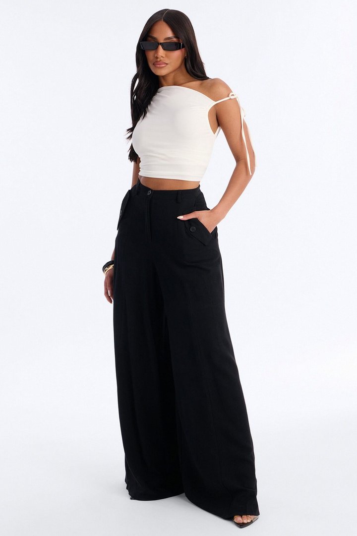 Aubrey High Rise Linen Wide Leg Pant 33″ - Black