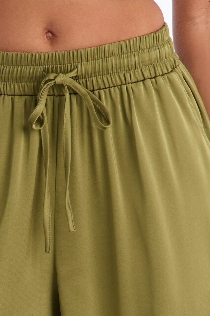 Slay All Night Wide Leg Satin Pant 33″ - Olive