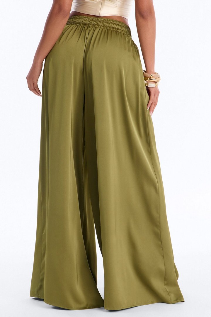 Slay All Night Wide Leg Satin Pant 33″ - Olive