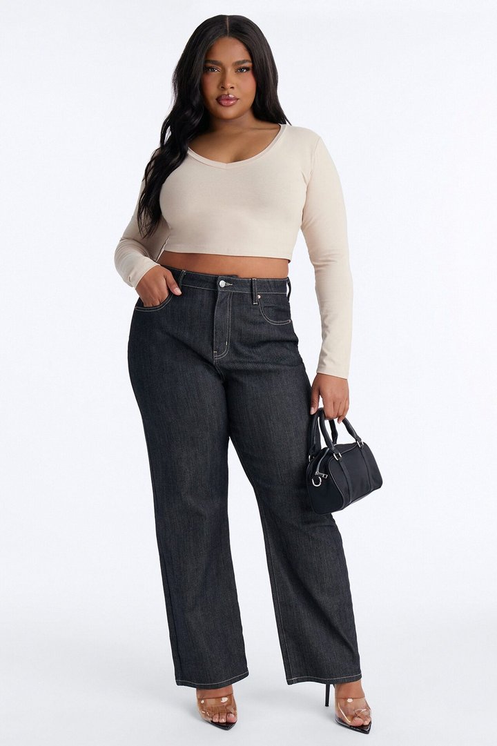 Carly V Neck Crop Long Sleeve Tee - Stone