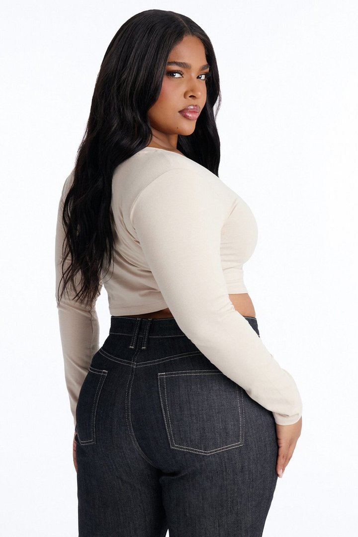Carly V Neck Crop Long Sleeve Tee - Stone