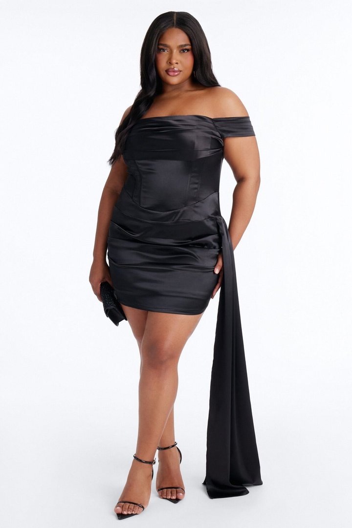 Daphne Off Shoulder Satin Mini Dress - Black