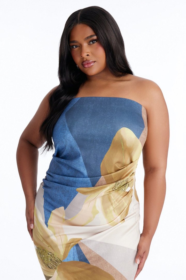 Angela Strapless Floral Midi Dress - Blue/combo