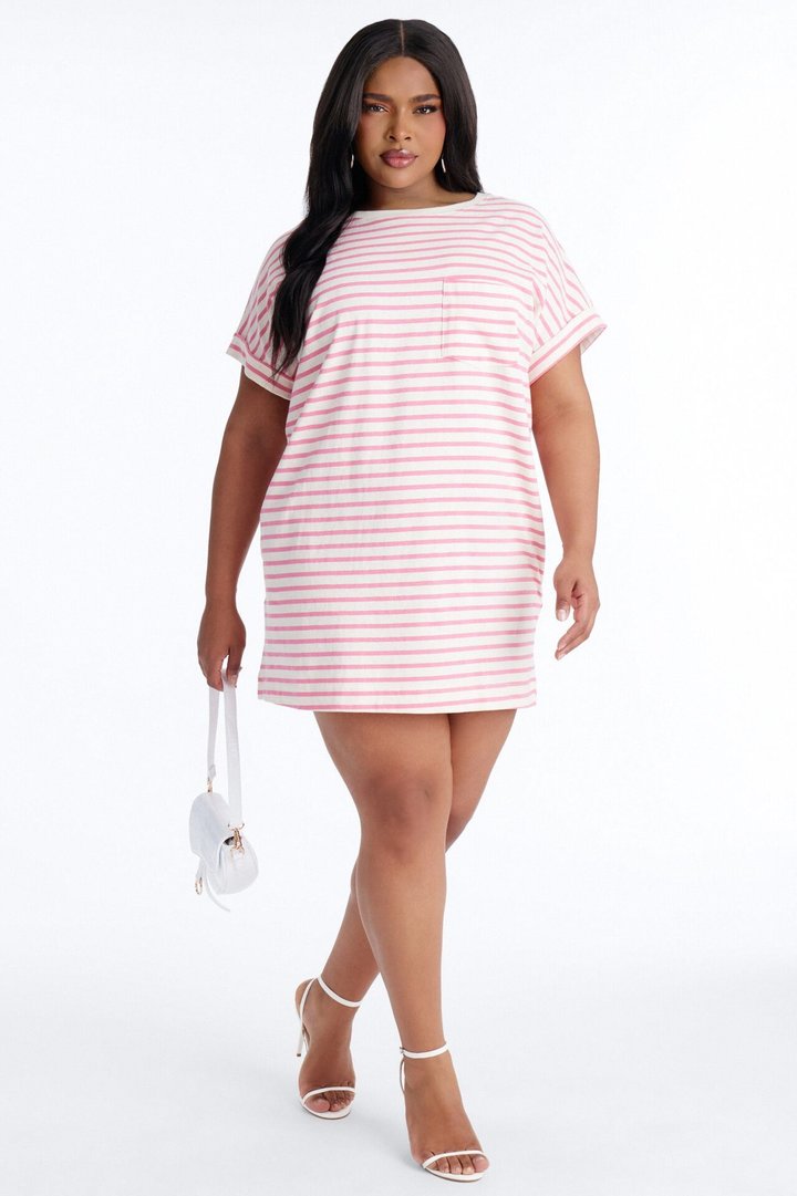 Raelynn Short Sleeve Cotton Shirt Mini Dress - White/Pink
