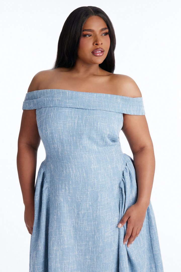 Paisley Off Shoulder Tweed Midi Dress - Denim