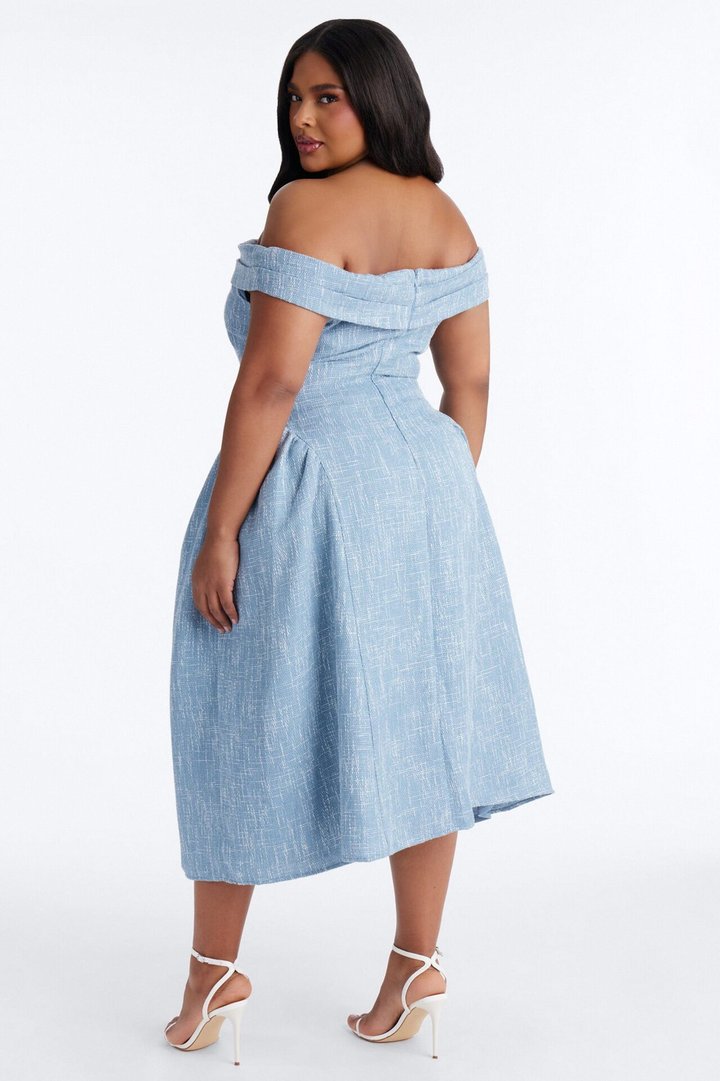 Paisley Off Shoulder Tweed Midi Dress - Denim