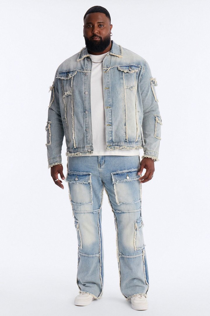 Tattered Cargo Denim Trucker Jacket - Light Wash