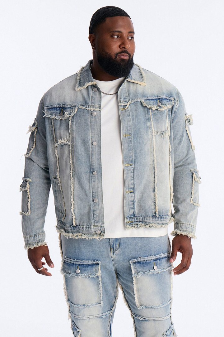 Tattered Cargo Denim Trucker Jacket - Light Wash