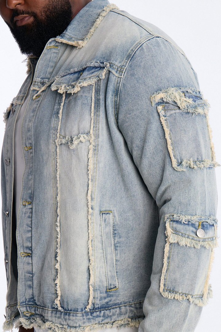 Tattered Cargo Denim Trucker Jacket - Light Wash