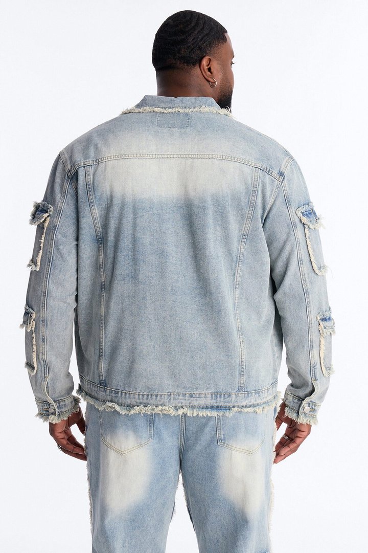 Tattered Cargo Denim Trucker Jacket - Light Wash