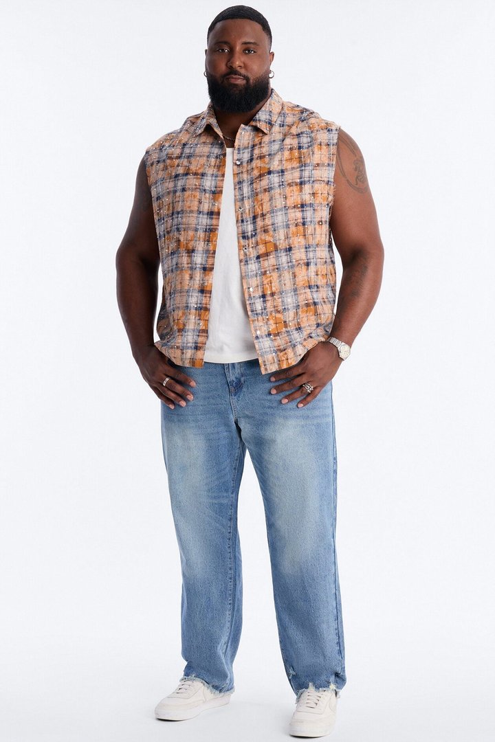 Rhinestone Rain Sleeveless Plaid Flannel - Gold
