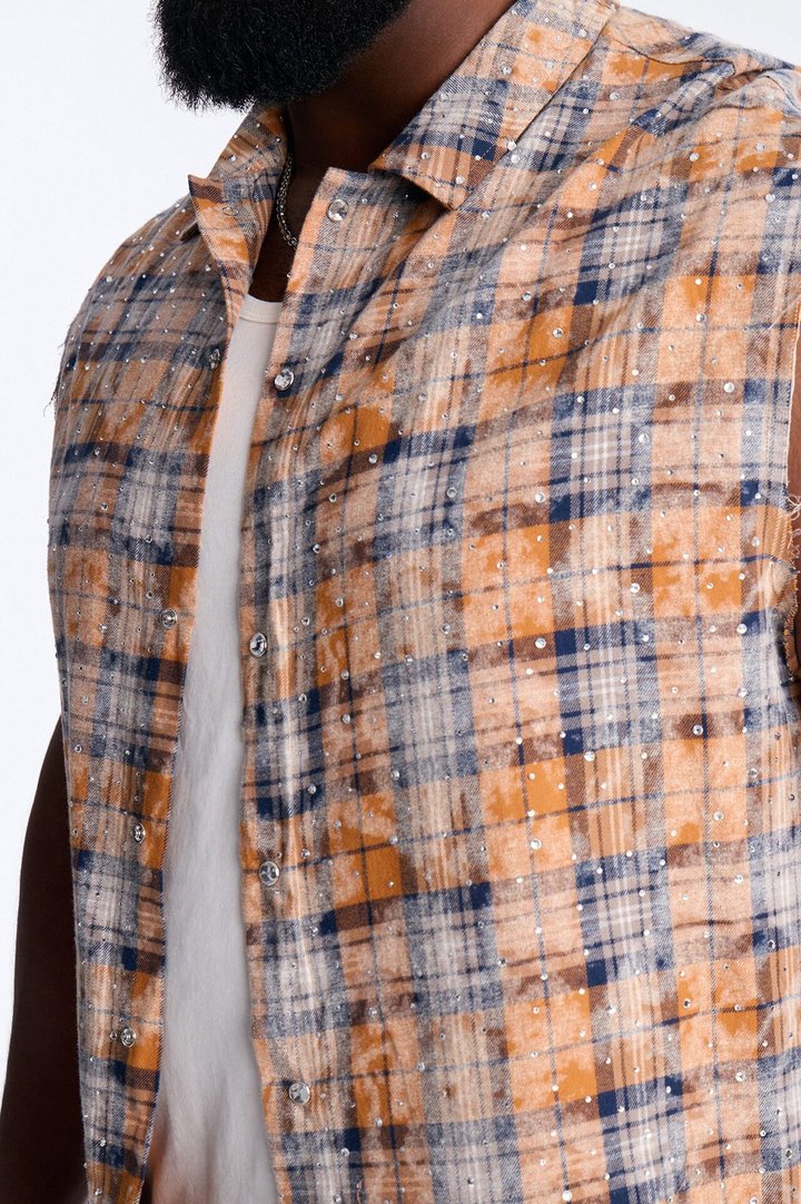 Rhinestone Rain Sleeveless Plaid Flannel - Gold