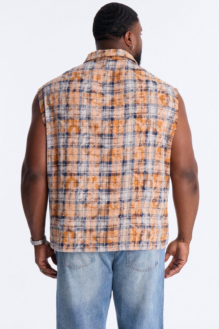 Rhinestone Rain Sleeveless Plaid Flannel - Gold