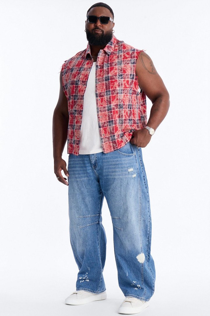 Rhinestone Rain Sleeveless Plaid Flannel - Red