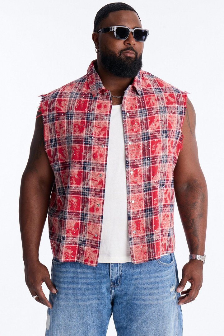 Rhinestone Rain Sleeveless Plaid Flannel - Red