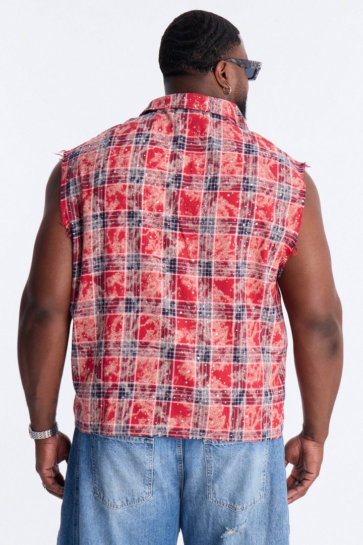 Rhinestone Rain Sleeveless Plaid Flannel - Red